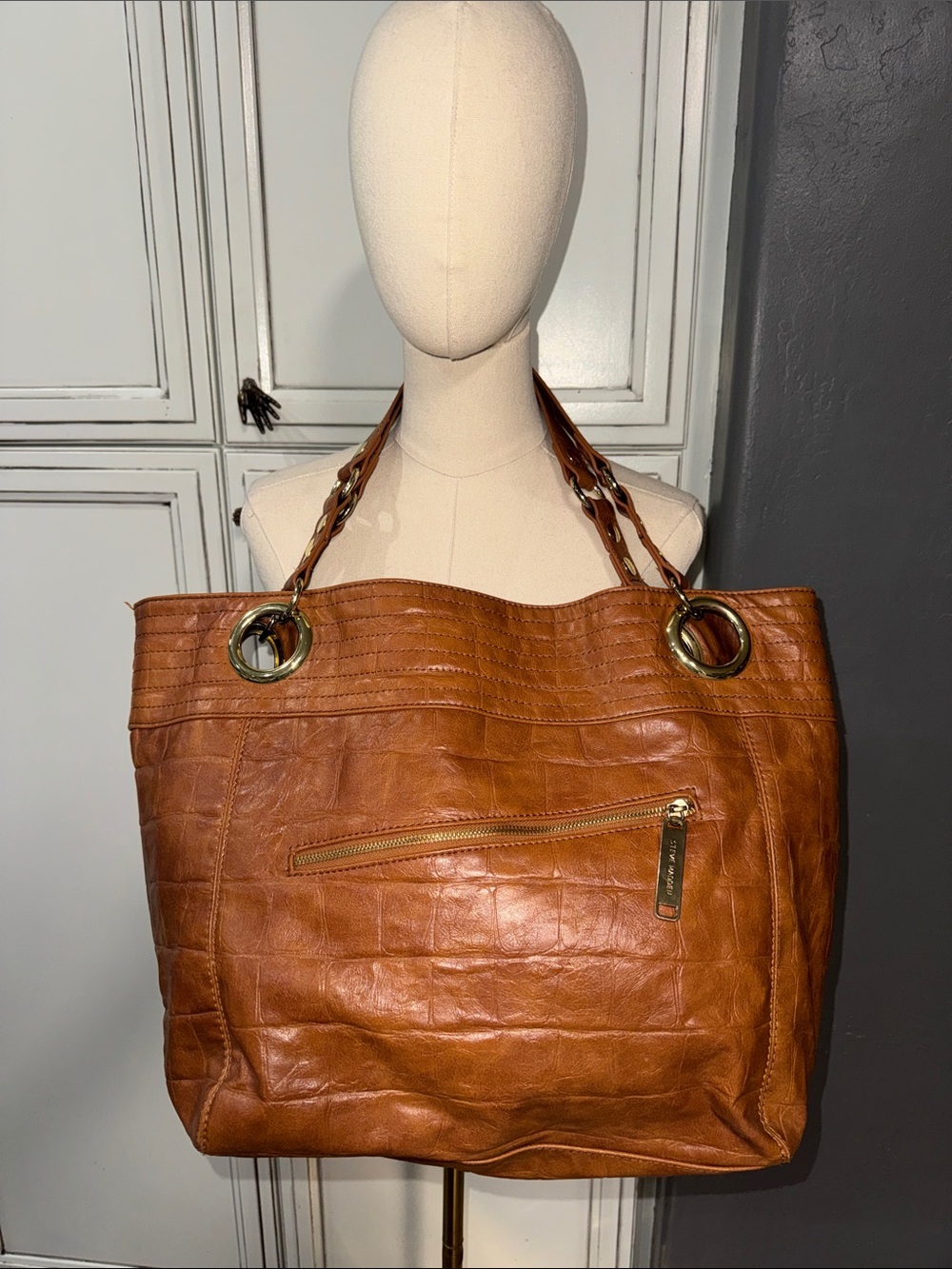 Steve Madden caramel Big bag faux croc leather tote travel bag Overnighter
